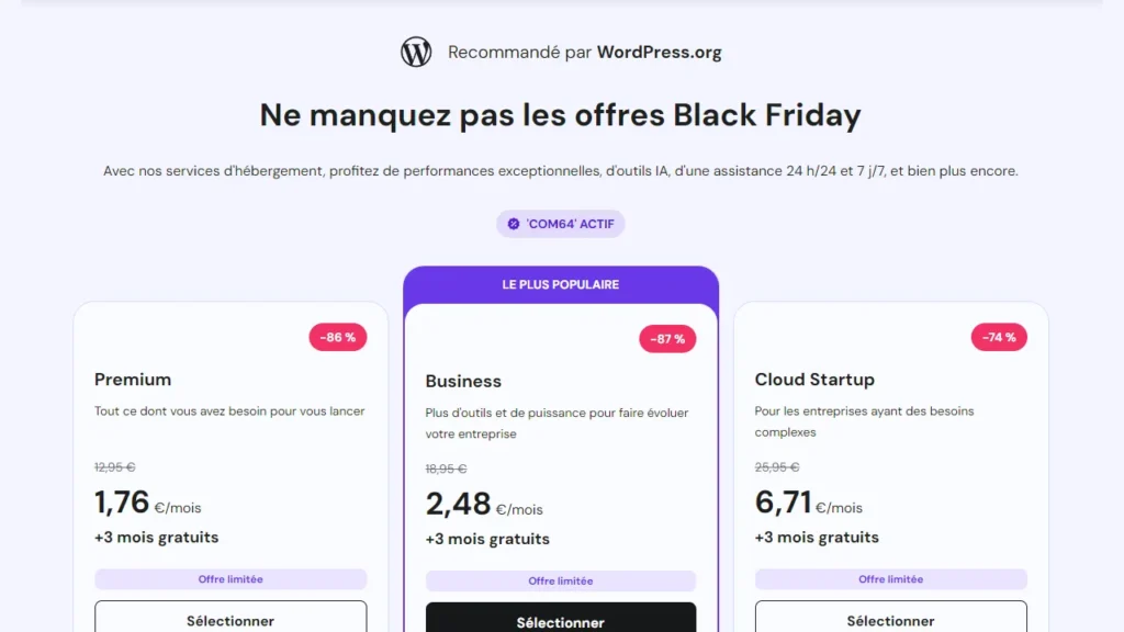 Image présentant certaines offres Black Friday Hostinger 2025.