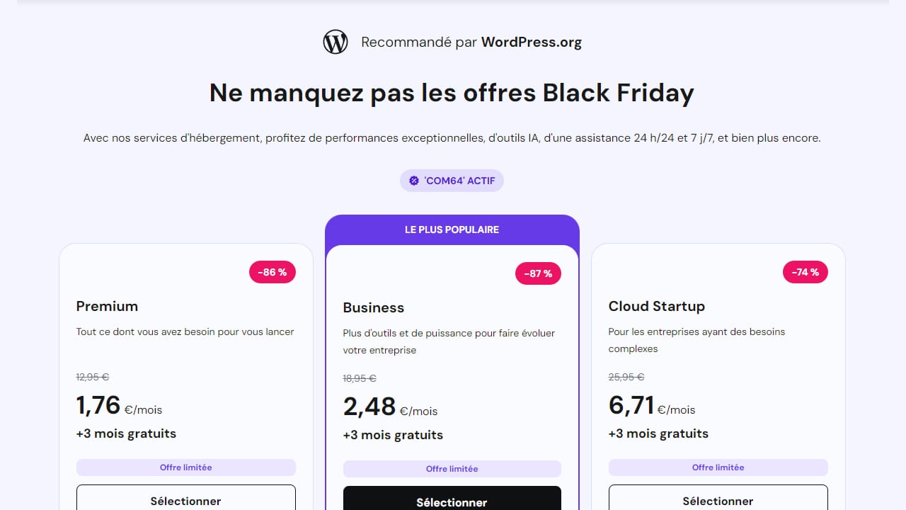 Image présentant le Black Friday Hostinger 2025 avec les offres tarifaires