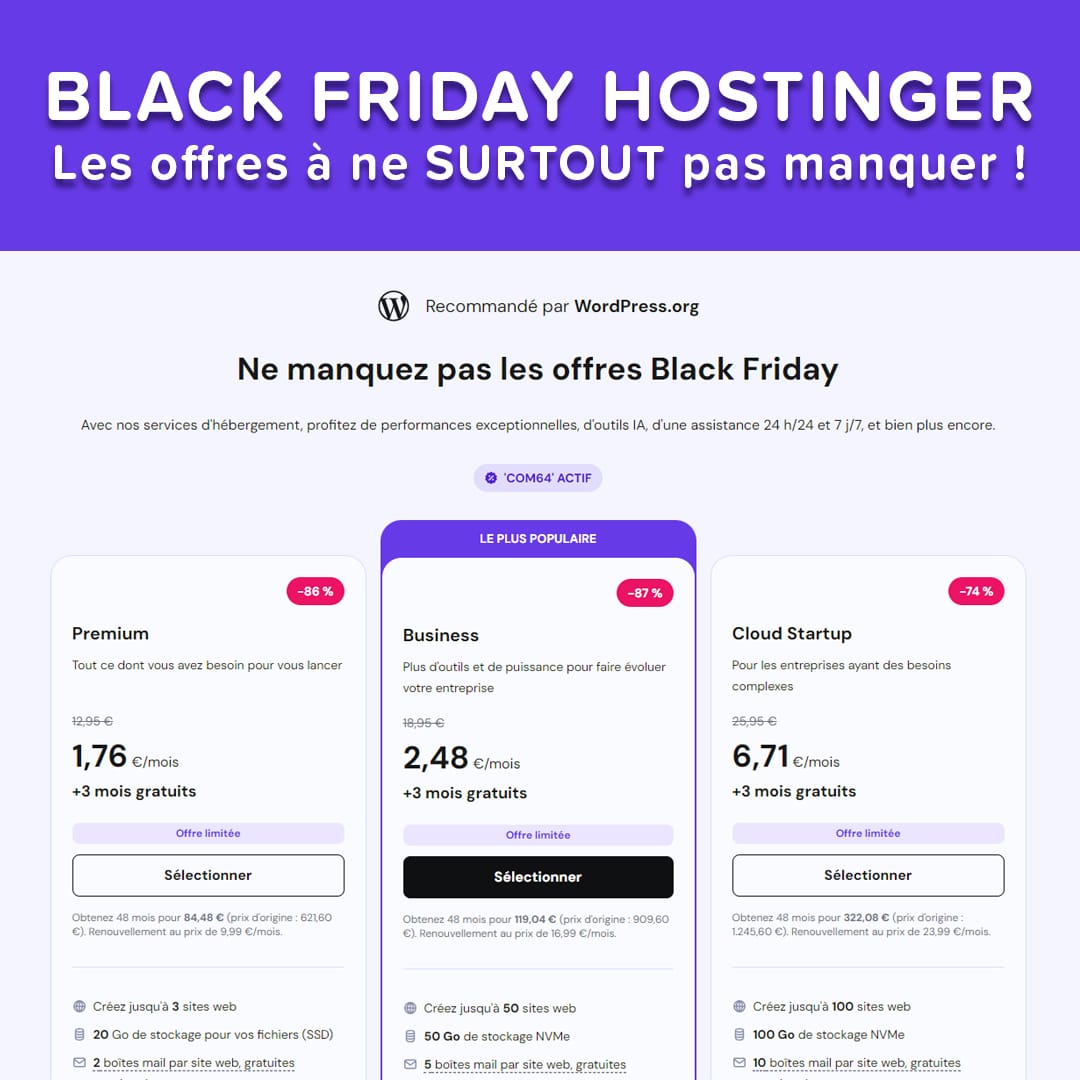 Image présentant le Black Friday Hostinger 2025 avec les offres tarifaires