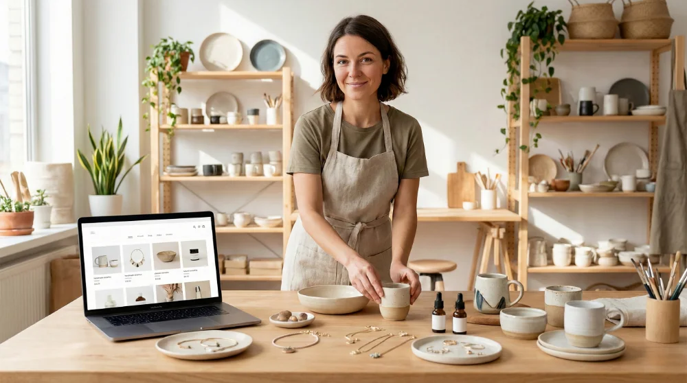 Artisane créatrice présentant ses produits avec son site WordPress professionnel, conçu par COM 64, agence WordPress spécialisée en création de Site Internet à Pau.