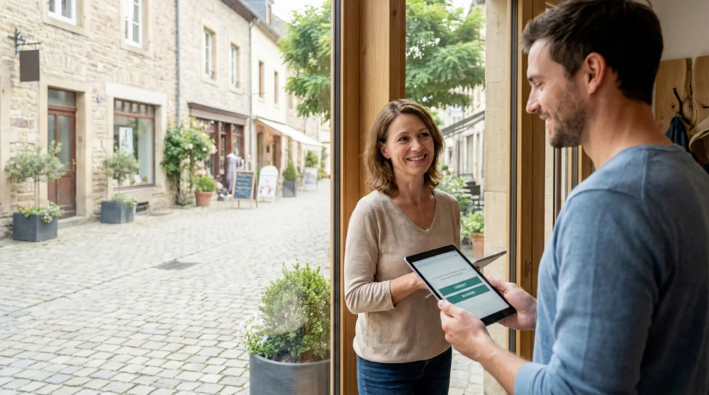 Commerçant local discutant avec un client devant son établissement, traitant une commande Click & Collect effectuée sur la Boutique en ligne réalisée par COM 64, agence WordPress spécialisée en création de Site Internet à Pau.