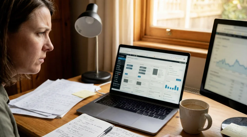 Entrepreneur bloqué sur son site WordPress devant son ordinateur, ayant besoin de l'aide de COM 64, agence WordPress spécialisée en création de Site Internet à Pau.