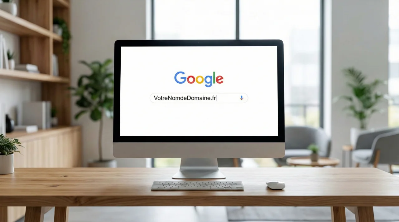 Nom de domaine - COM 64 Photo d'un ordinateur posé sur une table affichant l'écran de recherche de Google, dans la barre de recherche est écrit VotreNomdeDomaine.fr - Cette image illustre l'article "Nom de domaine : Guide complet" de COM 64, agence WordPress à Pau.