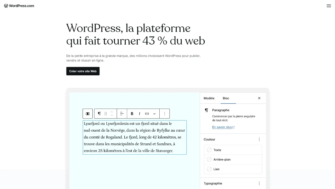 Capture d'écran du site WordPress.com, entreprise qui vend des hébergements pour des sites WordPress.