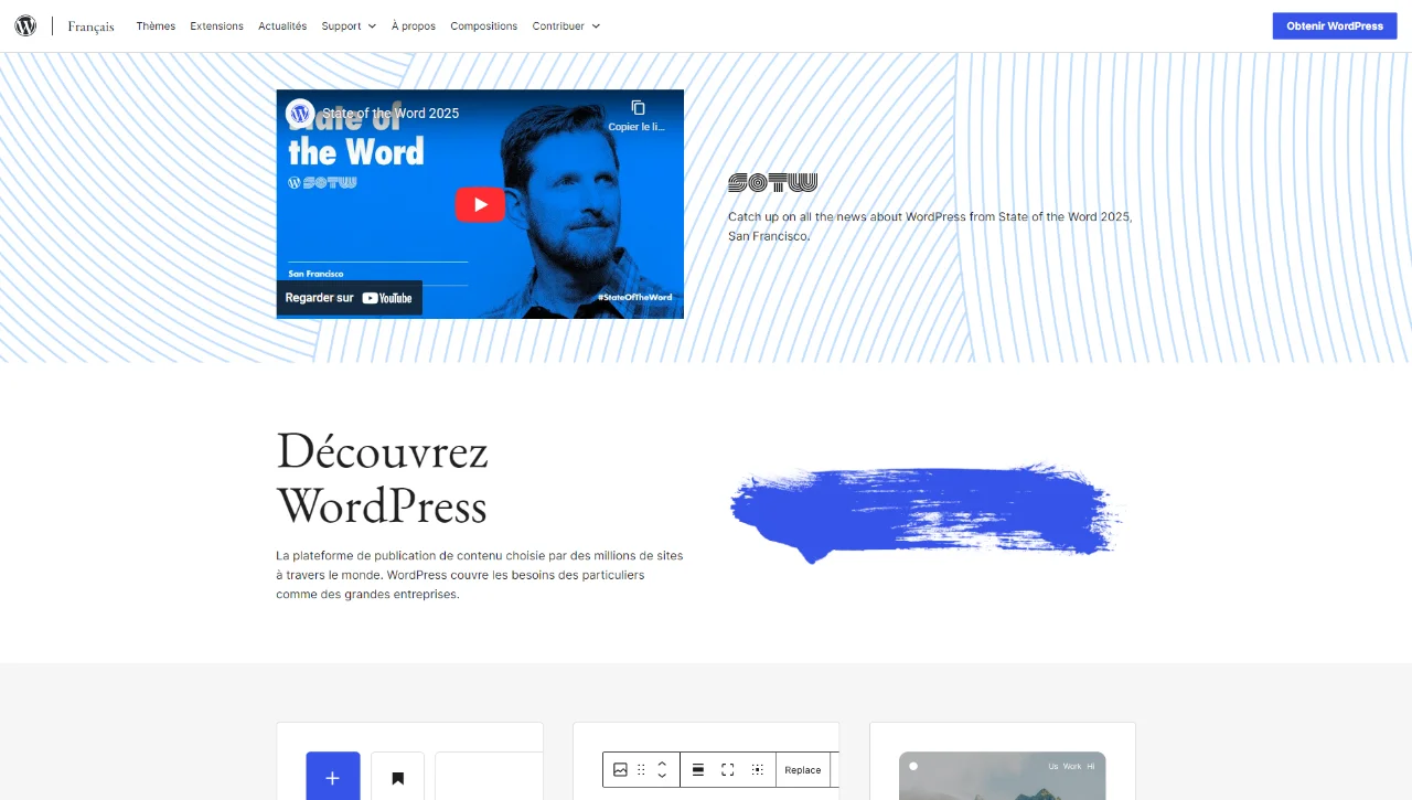 Capture d'écran du site WordPress.org, site officiel de WordPress.