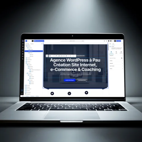 a-propos-de-com-64-agence-wordpress-a-pau Image illustrant une interface de création de site WordPress montrant l'éditeur Gutenberg utilisée par l'agence COM 64, agence WordPress à Pau spécialisée dans la création de Site Internet, de Site e-Commerce et de Boutique en ligne, qui propose également des séances de coaching WordPress.