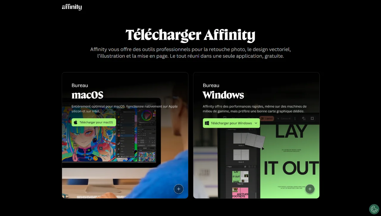 Capture d'écran du Site Web de Affinity, le logiciel professionnel pour la retouche photo, le design vectoriel, l’illustration et la mise en page de CANVA.