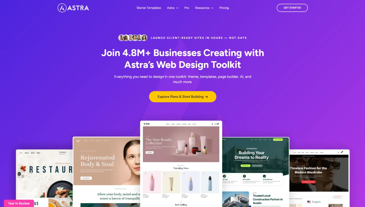 Capture d'écran du site web présentant Astra, le thème WordPress qui est gratuit et très performant.