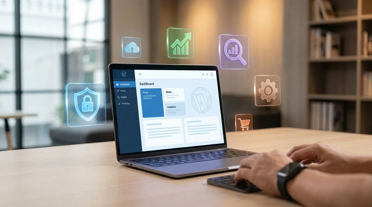 Photo montage d'un homme travaillant sur un ordinateur portable, ajoutant une extension WordPress dans un Site Web.