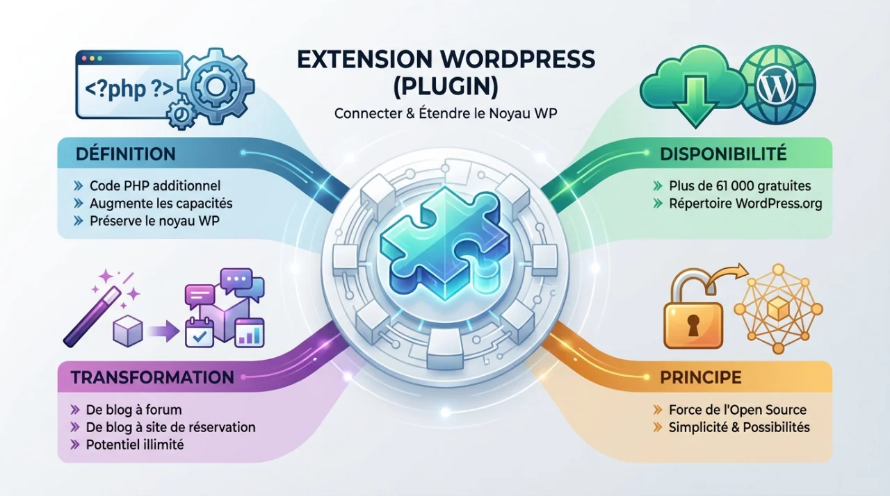 Infographie présentant les transformations possibles d'un Site Web par l'ajout de fonctionnalités avec une extension WordPress.