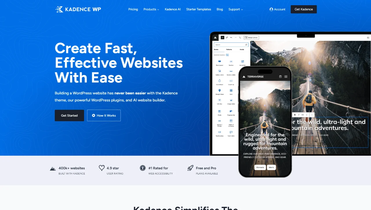 Capture d'écran du site web présentant Kadence, le thème WordPress.