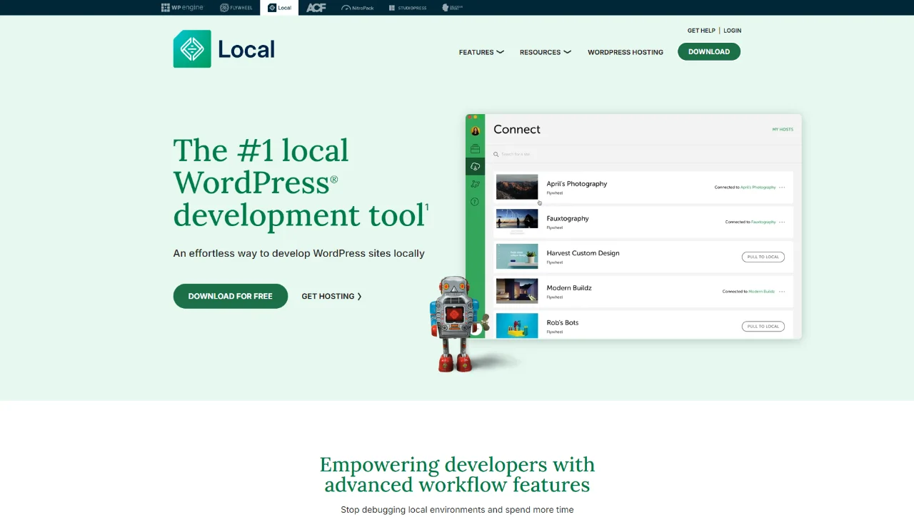 Capture d'écran du site web présentant LocalWP, le logiciel gratuit pour installer WordPress en local.