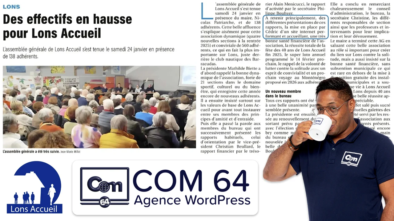 Extrait parution de presse de La République des Pyrénées, d'un article parlant de Lons Accueil, association qui remercie Cédric Dintimille de COM 64, pour la création d'un site performant et accueillant.