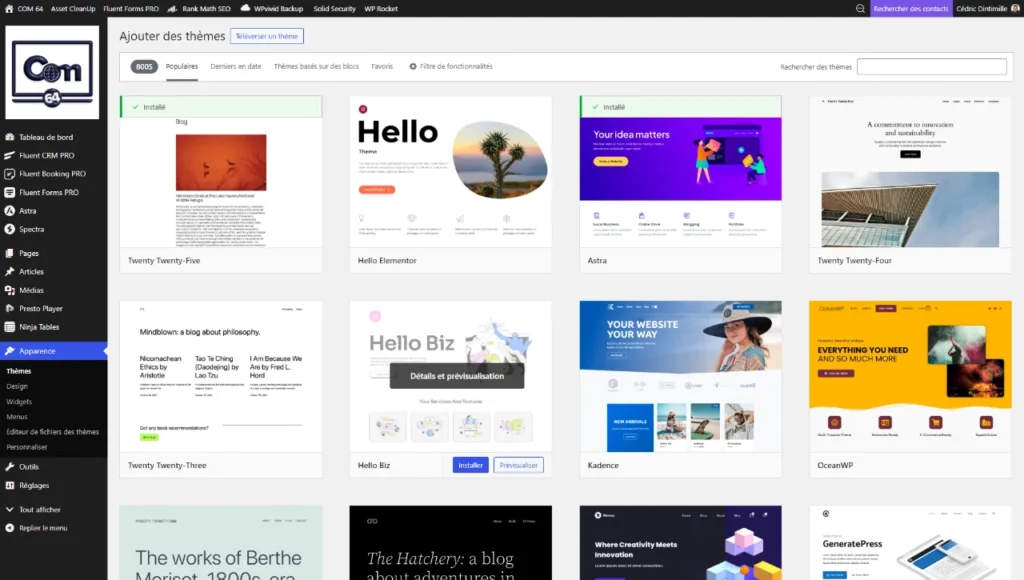 Capture d'écran montrant le tableau de bord d'un site WordPress avec les meilleurs thèmes WordPress, classés par popularité disponibles dans la bibliothèque officielle de WordPress.