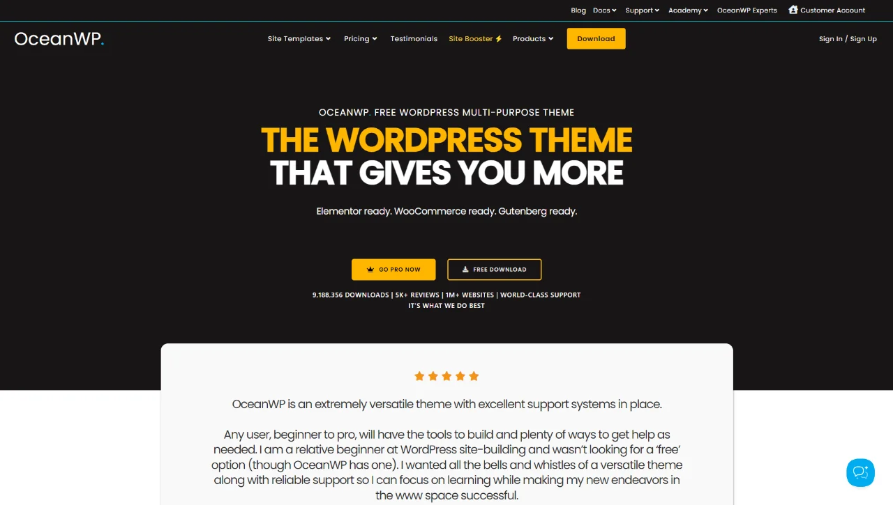 Capture d'écran du site web présentant OceanWP, le thème WordPress.