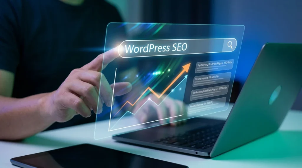 Photo montage d'une personne travaillant son référencement SEO WordPress.