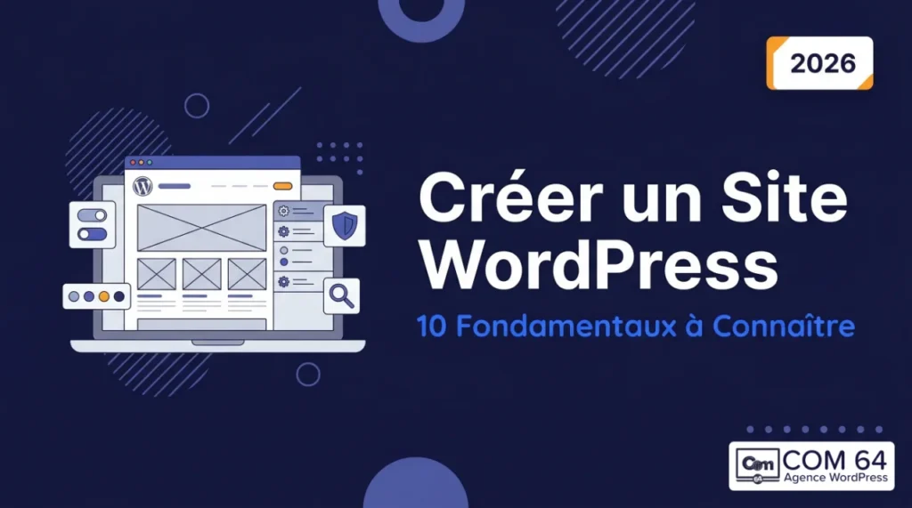 Illustration flat design montrant un laptop avec un wireframe de site WordPress et des icônes représentant les fondamentaux pour créer un site WordPress, sur fond bleu nuit.