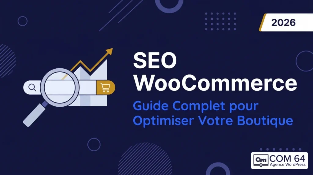 Illustration flat design représentant le SEO WooCommerce avec une loupe sur une barre de recherche, un panier e-commerce et un graphique de positionnement, sur fond bleu nuit.