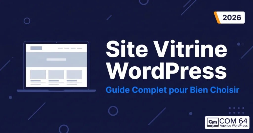 Illustration flat design représentant un site vitrine WordPress avec un écran de laptop affichant une maquette de site web, sur fond bleu nuit.