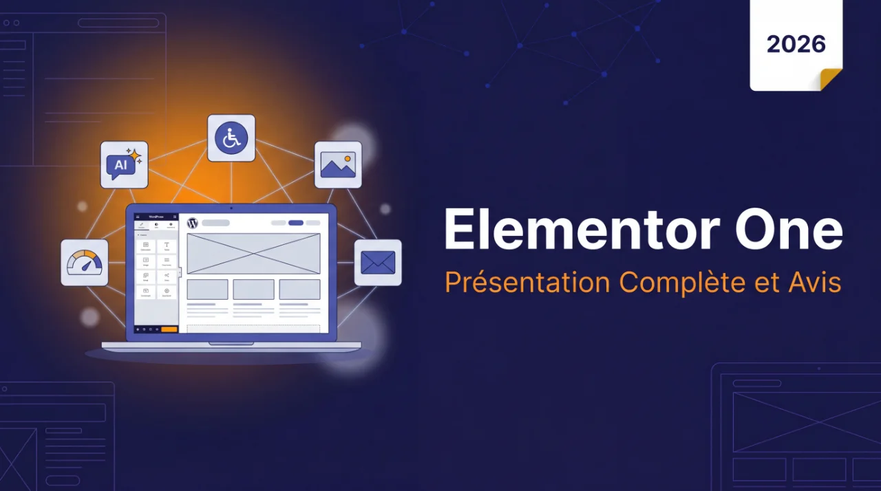Illustration flat design montrant un laptop avec une interface d'éditeur WordPress Elementor One et cinq icônes connectées représentant l'IA, l'accessibilité, l'optimisation d'images, l'email et le monitoring, sur fond bleu nuit.