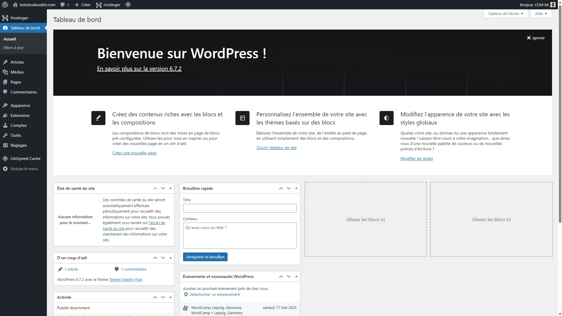 Tableau de bord de WordPress lors d'une séance de Coaching WordPress