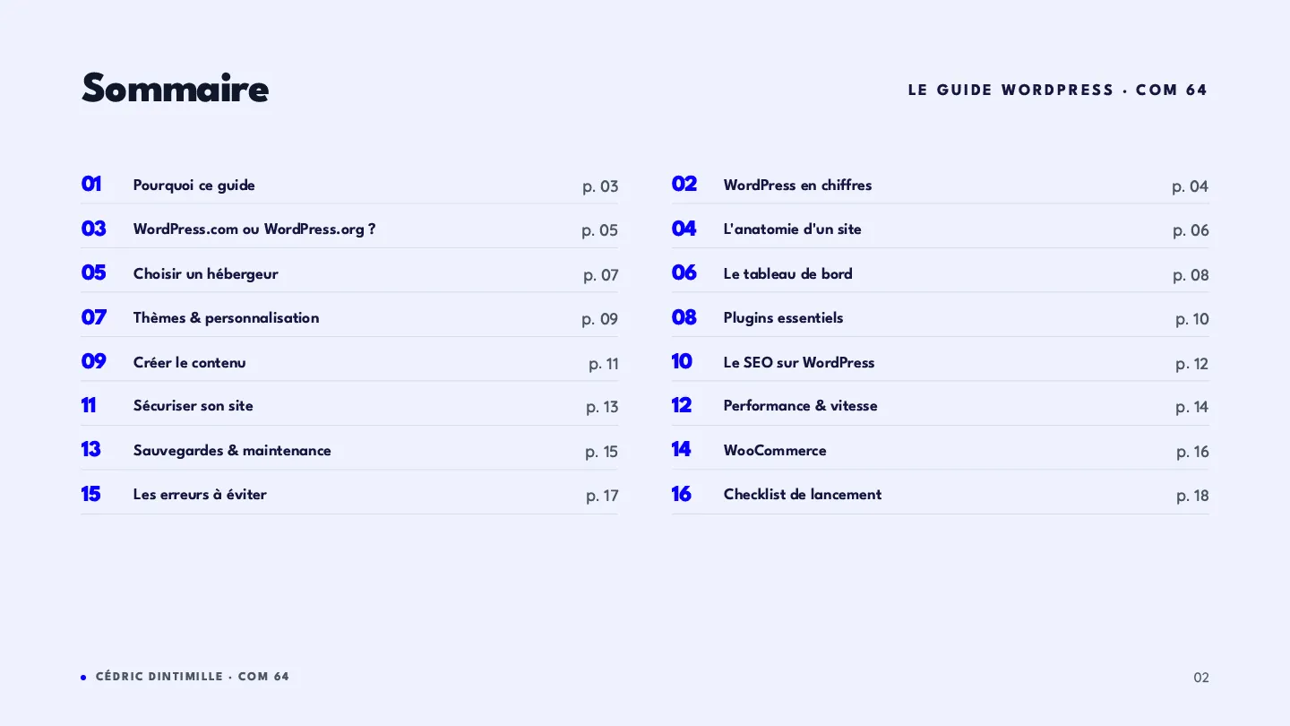 Image de la page Sommaire, montrant les chapitres du Guide WordPress.