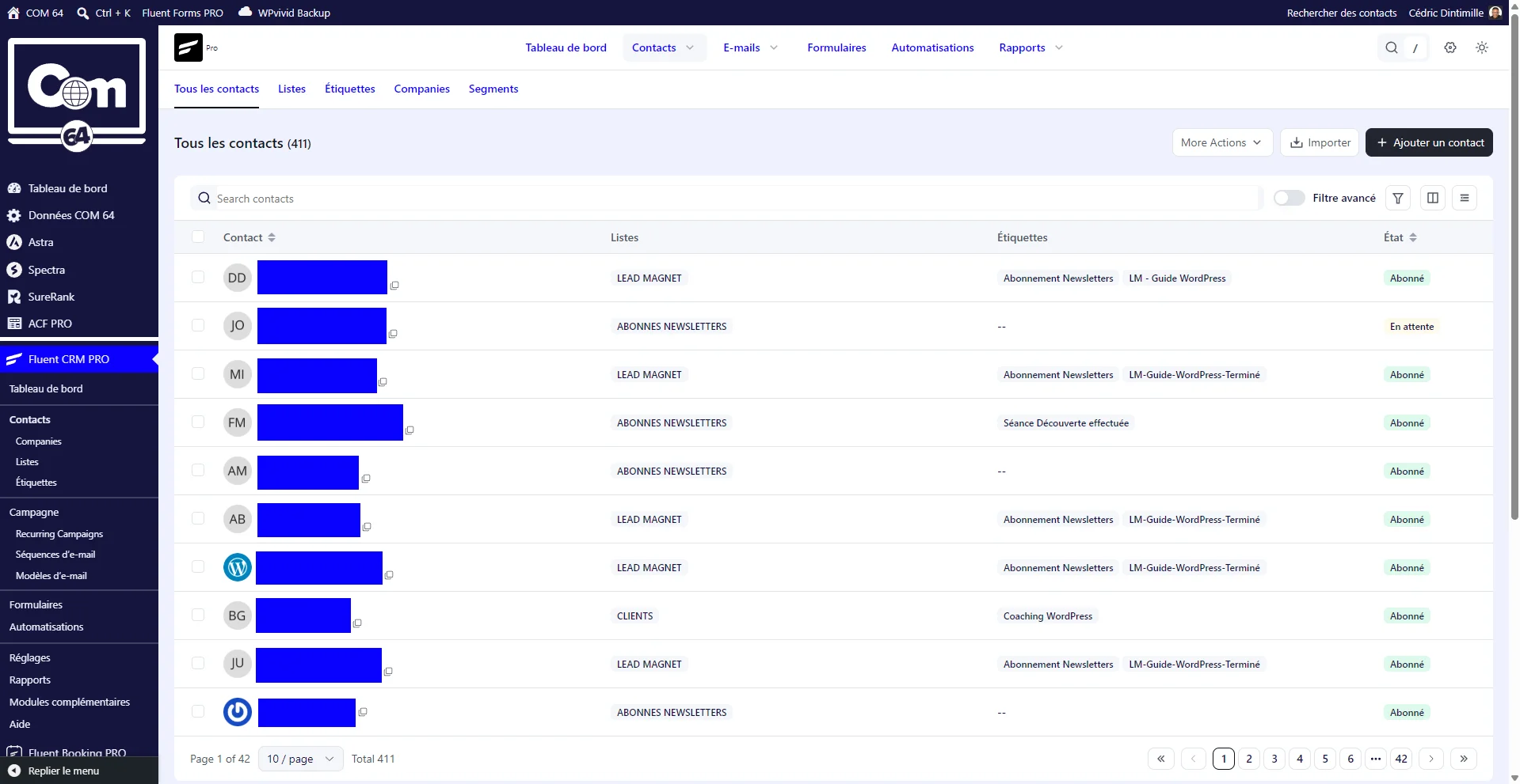 Liste des contacts du CRM