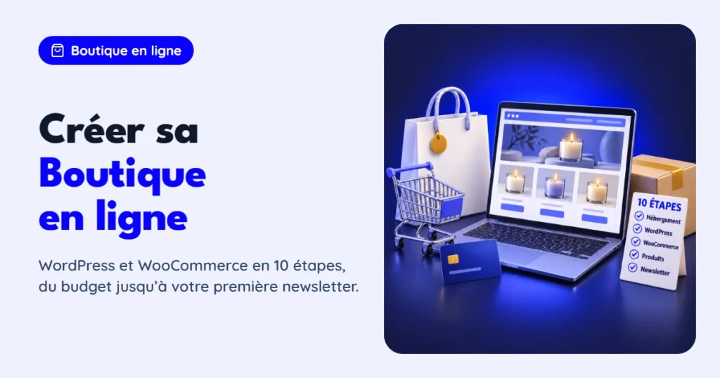 Illustration 3D d'une boutique en ligne de bougies sur un ordinateur portable, entourée d'un sac, d'un caddie, d'une carte bancaire, d'un colis et d'une liste des étapes : hébergement, WordPress, WooCommerce, produits, newsletter